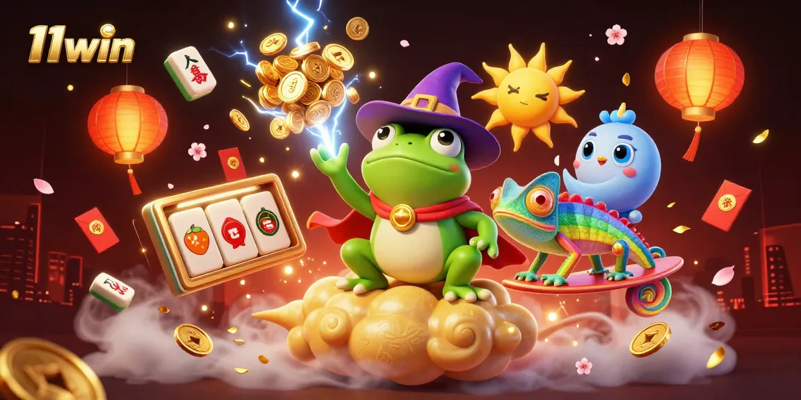 Engage with 11win through a vibrant 3D scene of winning elements in a casino setting.