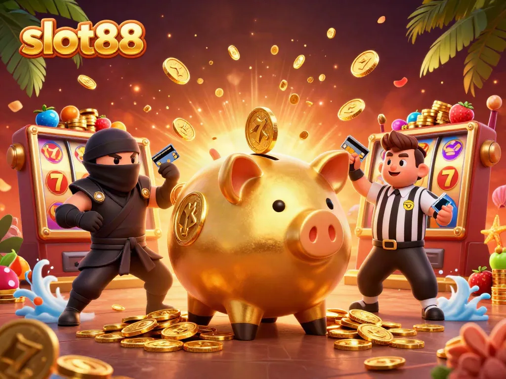 Slot88 menawarkan permainan slot yang meriah dengan celengan emas dan ninja bertarung di latar belakang.