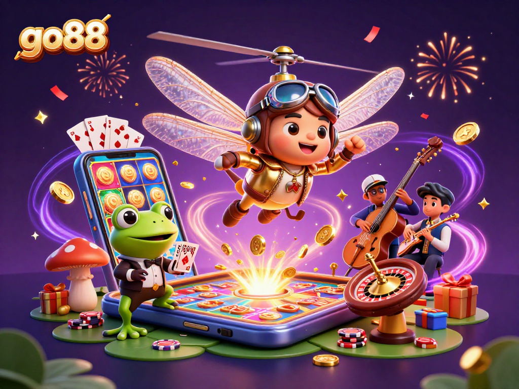 Engage with go88's lively casino atmosphere featuring vibrant characters and dynamic gaming elements.