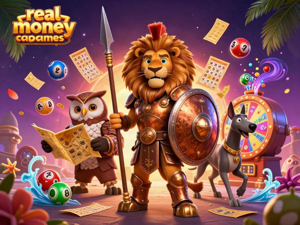 Engage in real money casino games with a heroic lion, owl, and greyhound amidst vibrant elements.