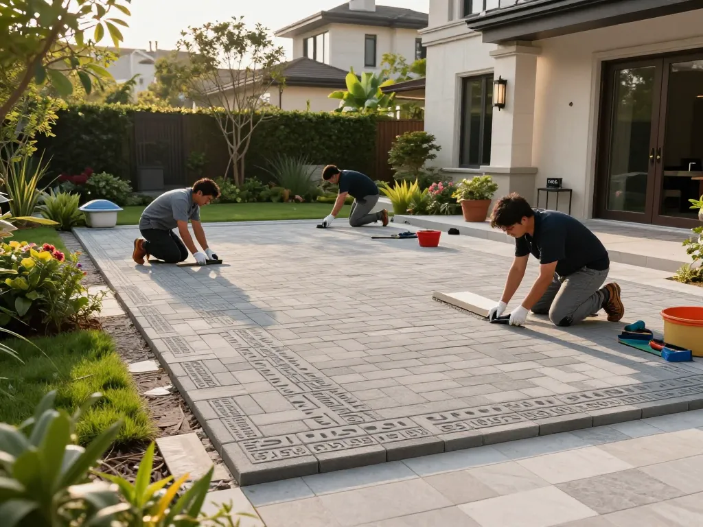 Paver installation near me in a luxurious outdoor setting featuring skilled professionals enhancing a family-friendly backyard.