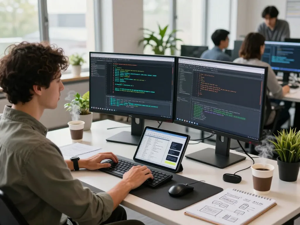 Active software developer illustrating the zero knowledge proof definition in a modern workspace with dynamic coding visuals.