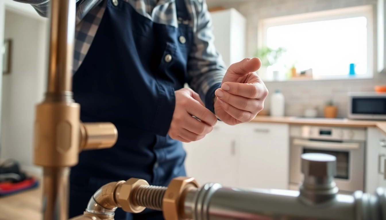 Providing whole house repiping services St Petersburg FL, a plumber skillfully connects new pipes in a modern kitchen.