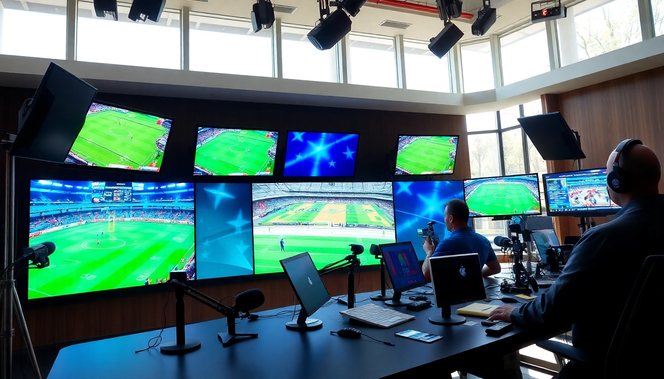 Captivating scene of Sports Broadcasting studio with live sports coverage, showcasing advanced technology and vibrant atmosphere.