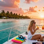 Experience yacht charter Punta Cana with a luxury yacht at sunset, couple enjoying cocktails.