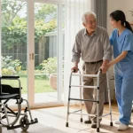 buy nobility aids to enhance independence; elderly man with walker assisted by caregiver