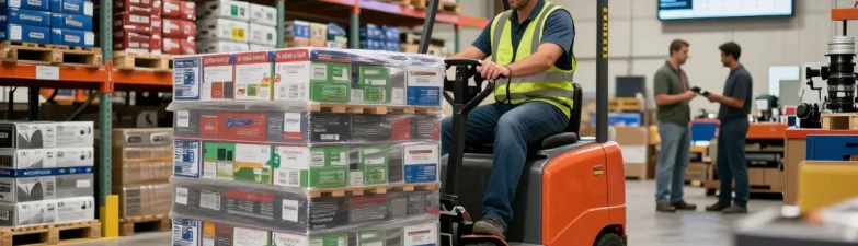 Efficient operator using the best pallet truck in Texas within a professional warehouse setting.