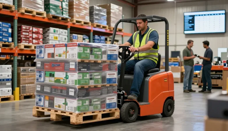 Efficient operator using the best pallet truck in Texas within a professional warehouse setting.