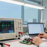 Engineer analysing waveforms on a Portable Oscilloscope at a bright, high-tech workshop.