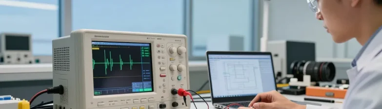 Engineer analysing waveforms on a Portable Oscilloscope at a bright, high-tech workshop.