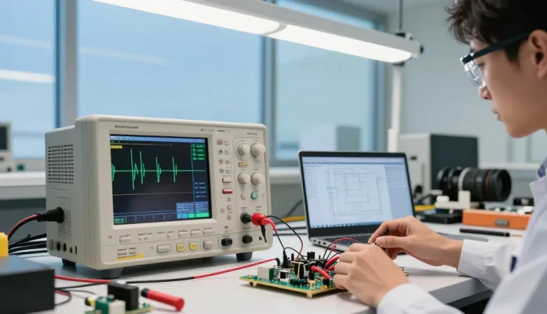 Engineer analysing waveforms on a Portable Oscilloscope at a bright, high-tech workshop.